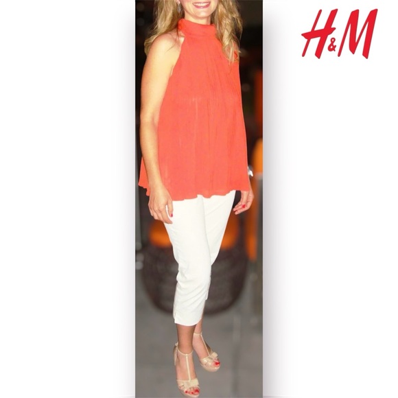 H&M Vibrant Bright Red-Orange Pleated Halter-neck Blouse - Picture 2 of 8